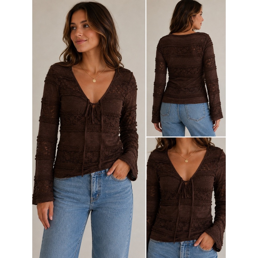 Thirty Thirty LA Brown Lace Tiered V-Neck Tie Front Bell Sleeve Top Small Boho